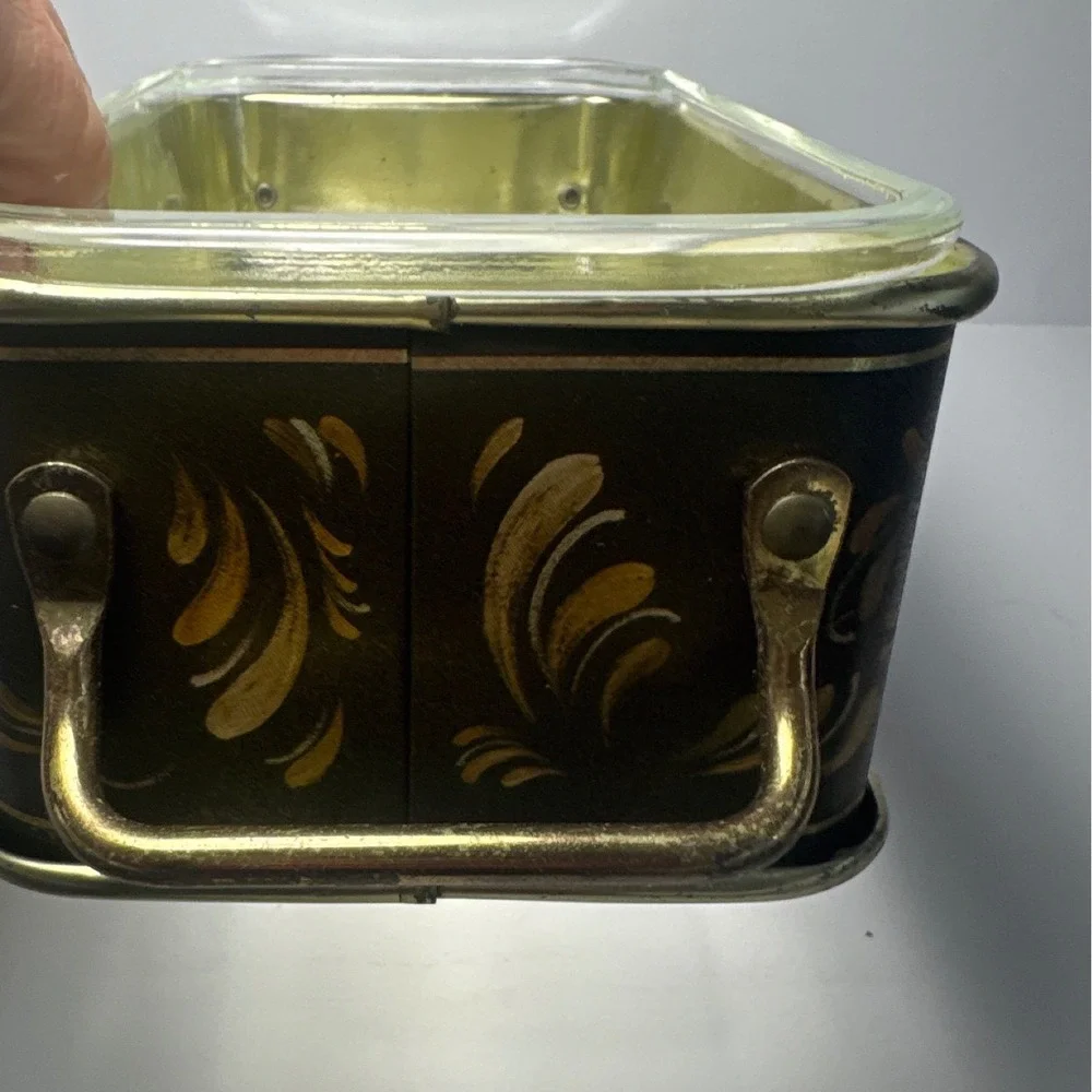 Pyrex Loaf Pan 213 with Floral Metal Cradle Green Gold Vintage Glass Good 1.5QT
